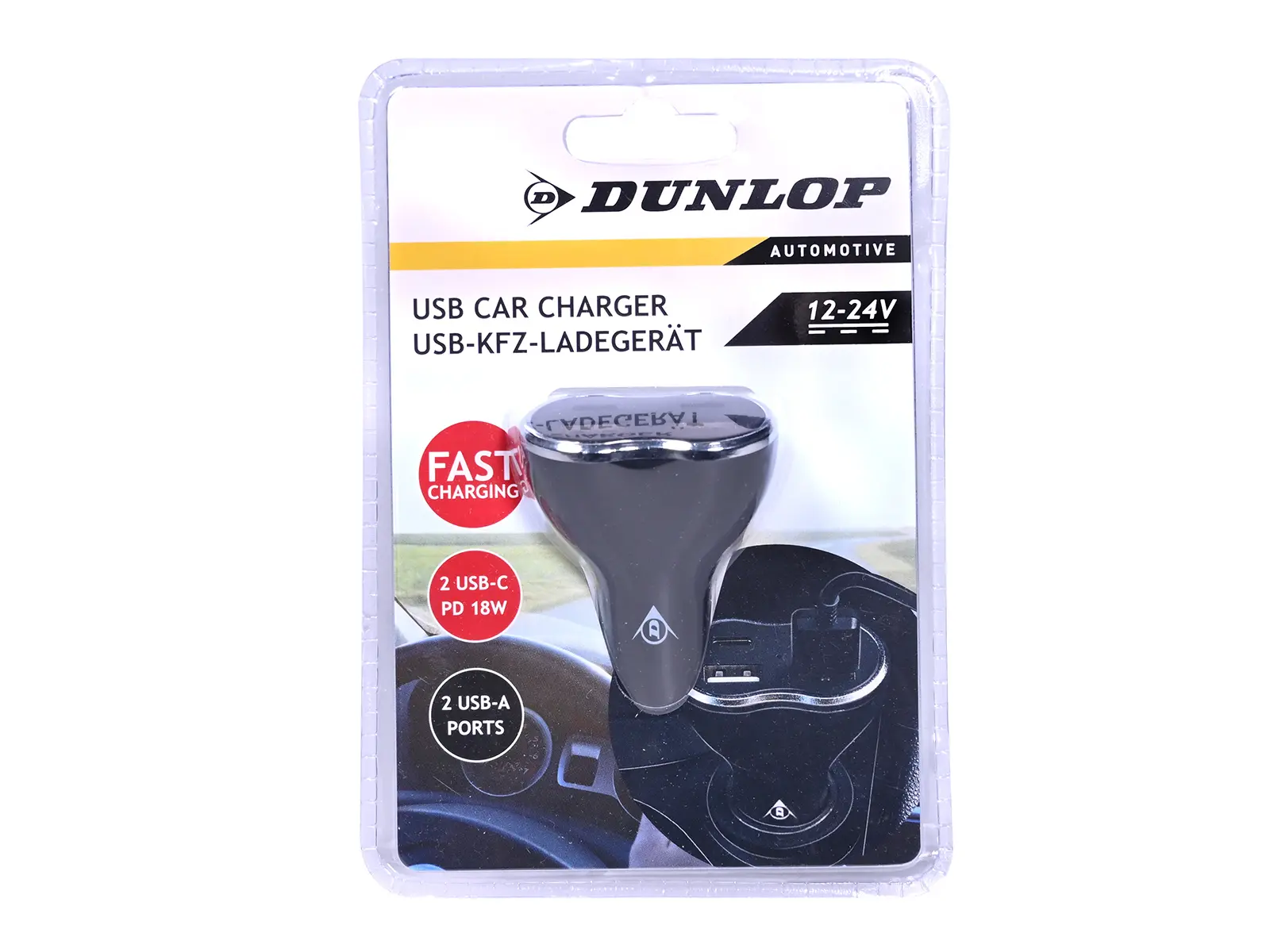 DUNLOP USB-KFZ-Ladegerät 2x USB A + 2x USB C