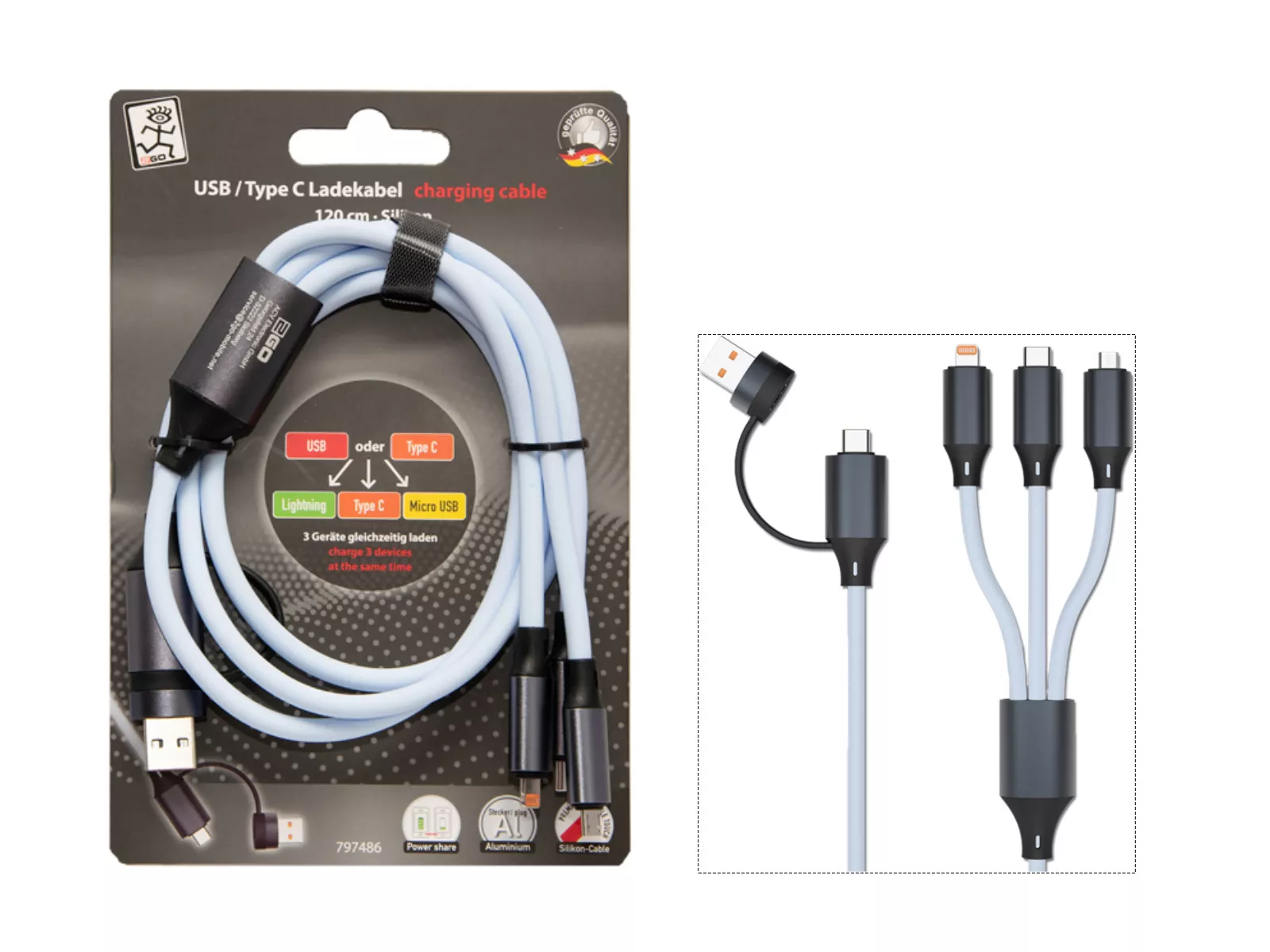 5in1 Silikon-Kabel, 120cm, blau